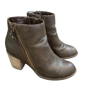 Diba Faux Leather Ankle Booties Sz 9 Dark Brown Stacked Block Heel Zipper Boots